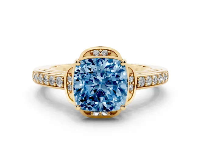 Cushion Cut Floral Pavé Engagement Ring Setting for a Fancy Blue Lab-Grown Diamond | Yellow Gold