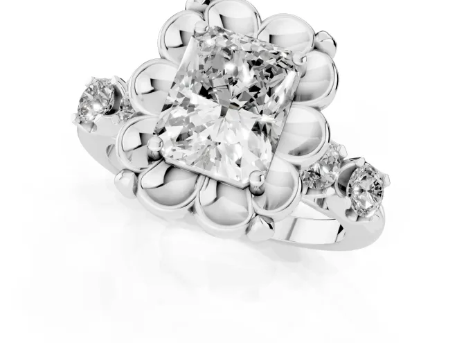 Radiant Cut Diamond Floral Halo Ring Set in White gold with Shared Prong Band – second view
