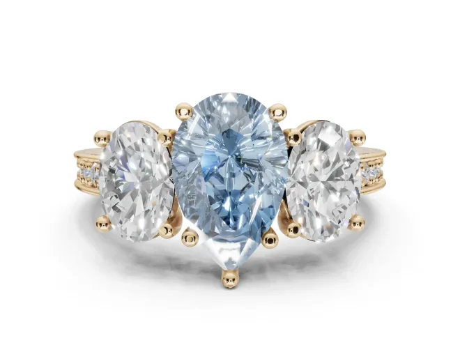 Pear-Shaped Vintage Three Stone Engagement Ring Setting for a Fancy Blue Lab-Grown Diamond | Yellow Gold