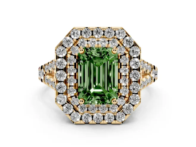 Fancy Green Emerald Cut Diamond Double Halo Ring Set in Yellow gold with Pavé Split Shank and Prong Setting