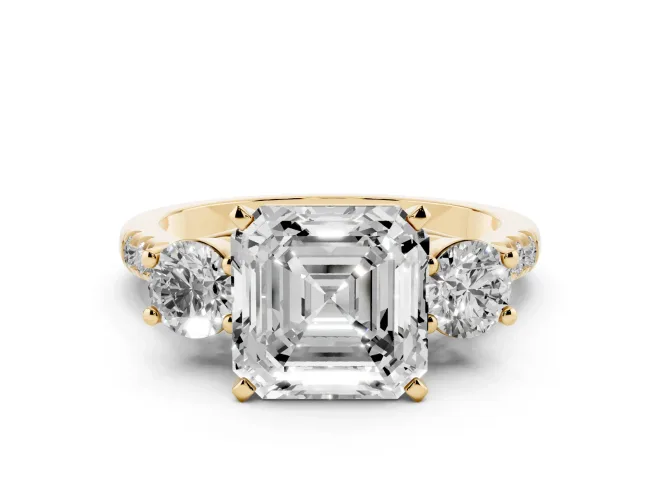Asscher Cut Three-Stone Pavé Engagement Ring Setting | Round Side Stones | Yellow Gold