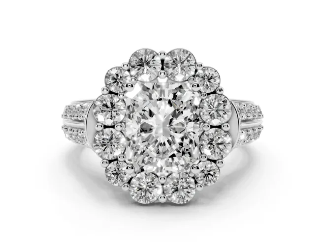 Radiant Cut Diamond Halo Engagement Ring Set in White gold with Split Shank and Prong Setting