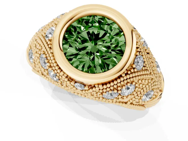 Fancy Green Round Cut Diamond Bezel Ring Set in Yellow gold with Milgrain Accent Band – second view