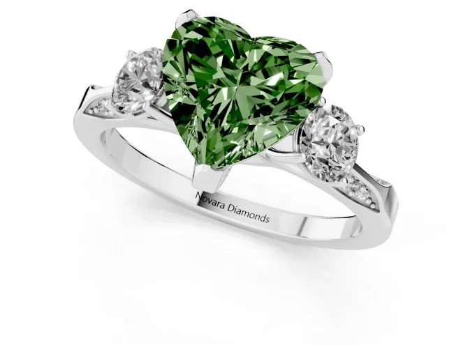 Fancy Green Heart Cut Diamond Three-Stone Ring Set in Silver with Pavé Band and Smaller Side Stones – second view