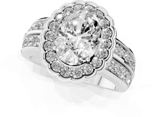 Oval Cut Diamond Scalloped Halo Ring Set in Silver with Pavé Split Shank – second view