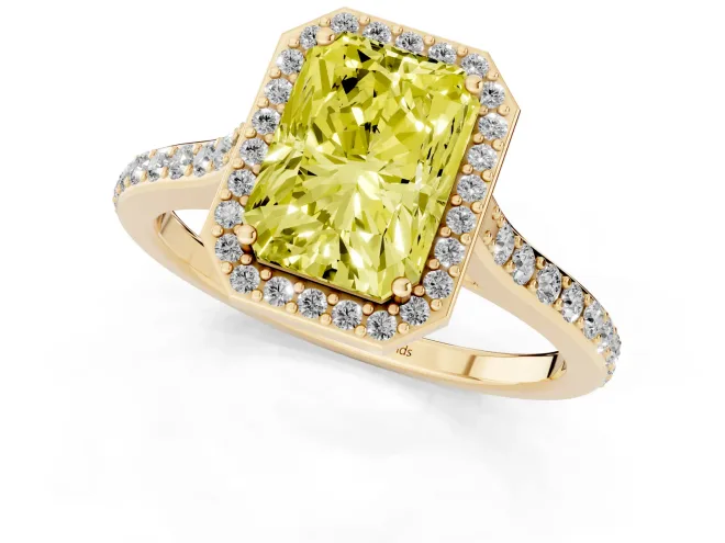 Fancy Yellow Radiant Cut Diamond Halo Engagement Ring Set in Yellow gold with Round Pavé Shoulders and Heart Gallery – second view