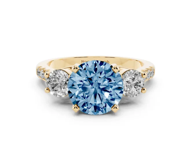 Round Three-Stone Engagement Ring Setting for a Fancy Blue Lab-Grown Diamond | Yellow Gold