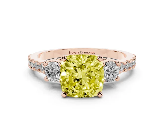 Cushion Cut Three Stone Engagement Ring Setting for a Fancy Yellow Lab-Grown Diamond | Pavé Band | Rose Gold