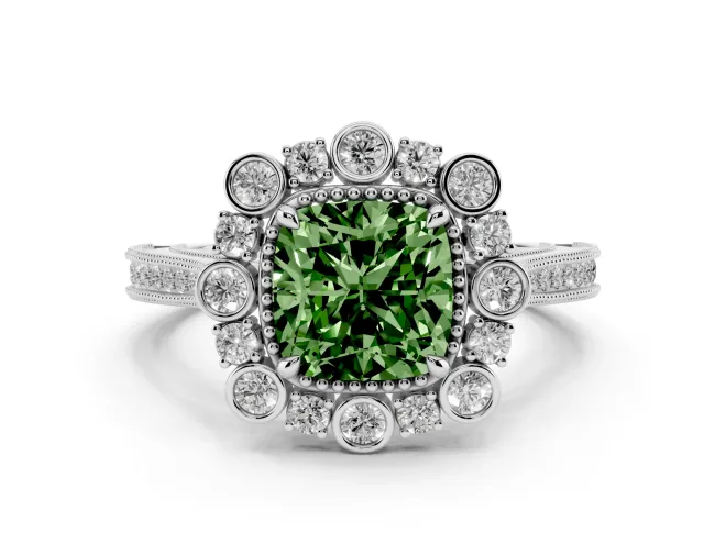 Cushion Cut Halo Engagement Ring Setting for a Fancy Green Lab-Grown Diamond | Sterling Silver - Design NV-24753