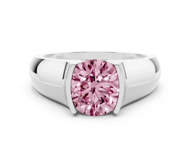 Fancy Pink Round Cut Diamond Bezel Solitaire Ring Set in White gold with Wide Band