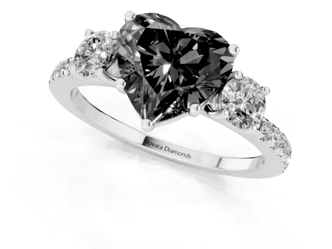 Fancy Black Heart Cut Diamond Three-Stone Ring Set in Silver with Pavé Band and Graduated Sides – second view