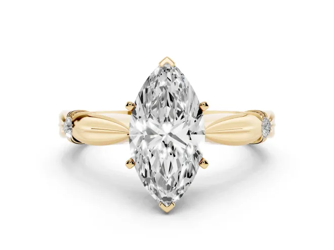 Marquise Cut Diamond Solitaire Twisted Band Ring Set in Yellow gold with Accent Stones and Prong Setting