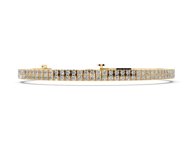 Round Lab-Grown Diamond Two-Row Tennis Bracelet | Hinged Square Links | Yellow Gold