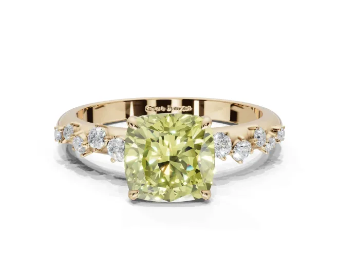 Cushion Cut Graduated Solitaire Engagement Ring Setting for a Fancy Yellow Lab-Grown Diamond | Yellow Gold
