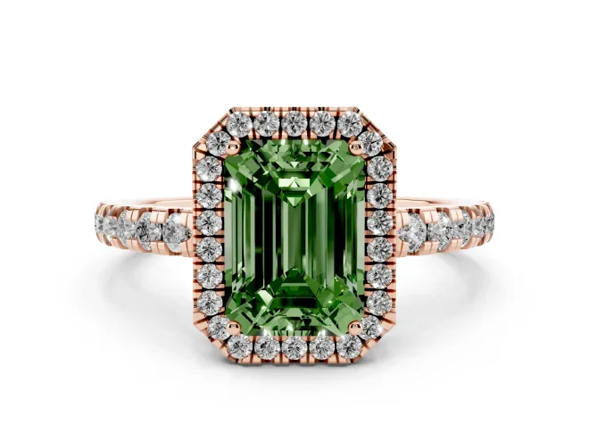 Emerald Cut Halo Engagement Ring Setting for a Fancy Green Lab-Grown Diamond | Graduated Pavé Band | Rose Gold