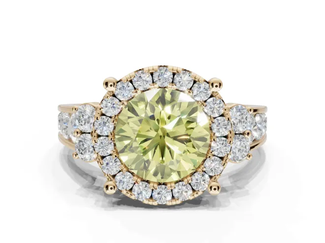 Round Halo Engagement Ring Setting for a Fancy Yellow Lab-Grown Diamond | Graduated Channel Band | Yellow Gold