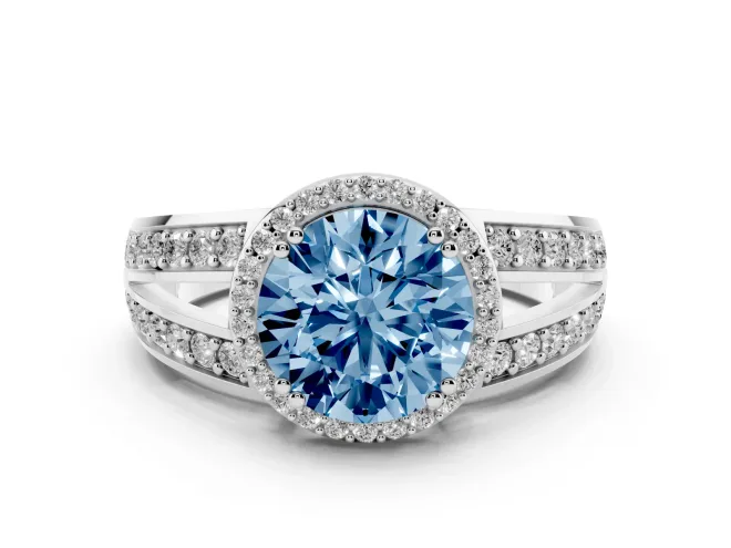 Fancy Blue Round Cut Diamond Halo Ring Set in White gold with Double Pavé Split Shank