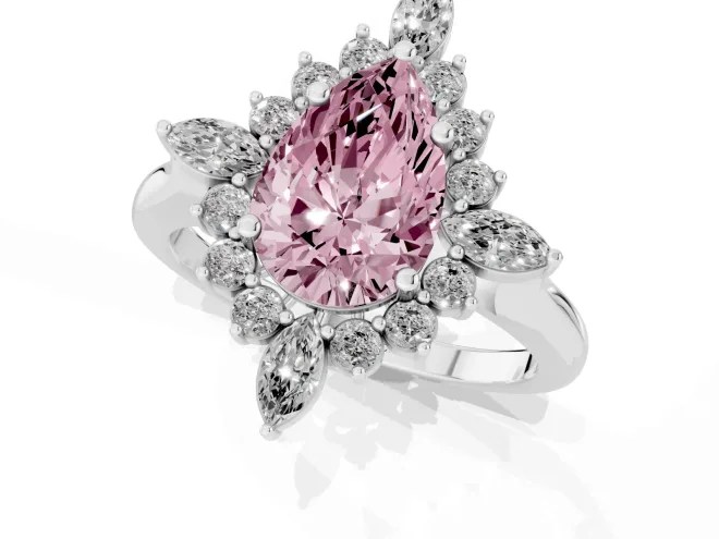 Fancy Pink Pear Cut Diamond Cluster Halo Ring Set in White gold with Marquise and Round Accents – second view