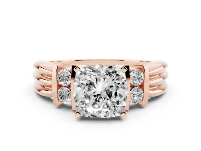 Three-Stone Cushion Cut Diamond Channel Set Ring Set in Rose gold with Bar Prongs