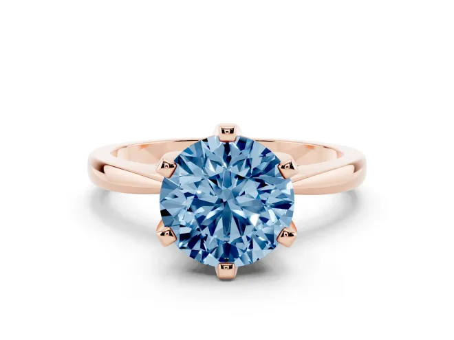 Fancy Blue Round Cut Diamond Solitaire Engagement Ring Set in Rose gold with Slim Tapered Solitaire Band
