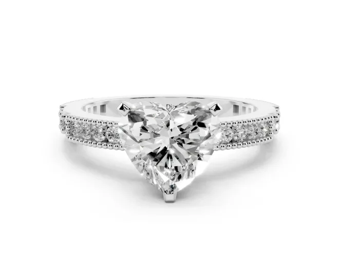 Heart Cut Diamond Solitaire Ring Set in White gold with Slim Pavé Band and Prong Setting