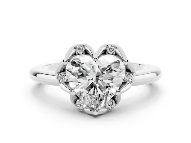 Heart Cut Diamond Round Cluster Halo Ring Set in Silver with Solitaire Band and Prong Setting