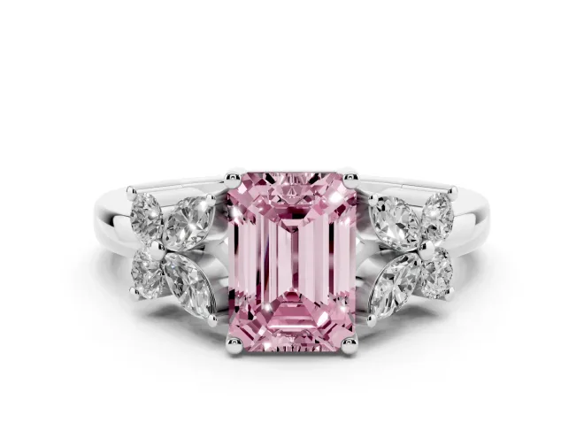 Emerald Cut Floral Engagement Ring Setting for a Fancy Pink Lab-Grown Diamond | White Gold