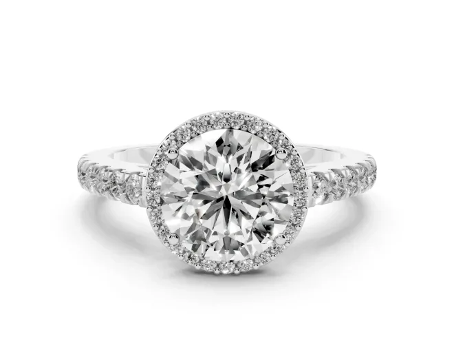 Round Cut Diamond Halo Engagement Ring Set in Silver with Pavé Band and Prong Setting