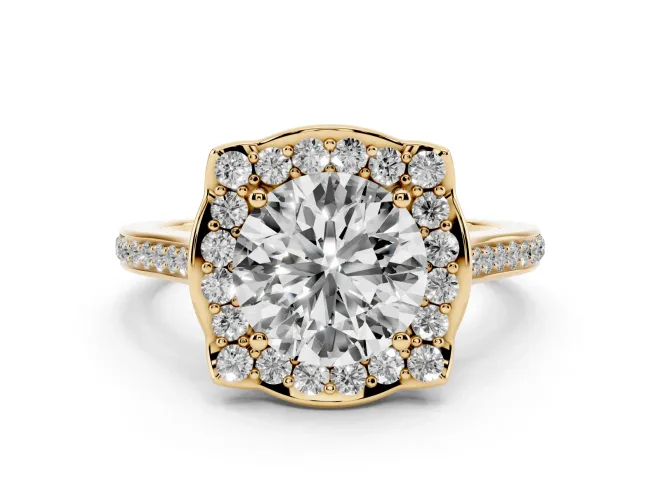 Round Petal Tip Halo Engagement Ring Setting | Single Row Pavé Band | Yellow Gold