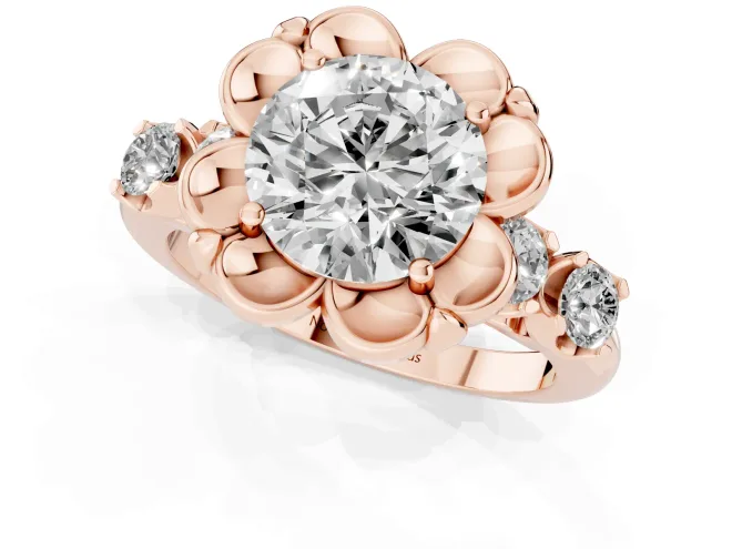 Round Cut Diamond Floral Halo Ring Set in Rose gold with Shared Prong Band – second view
