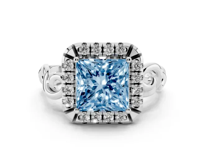 Princess Cut Filigree Halo Engagement Ring Setting for a Fancy Blue Lab-Grown Diamond | Sterling Silver