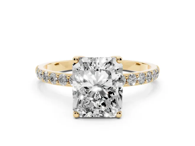 Radiant Cut Pavé Solitaire Engagement Ring Setting | Fine Line Pavé Band | Yellow Gold