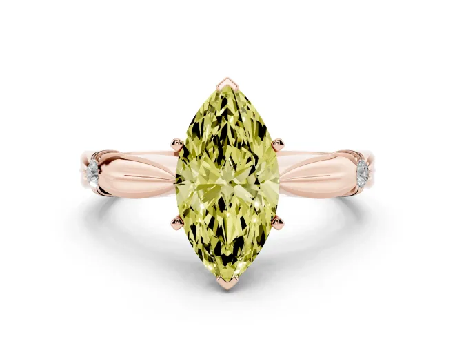 Fancy Yellow Marquise Cut Diamond Solitaire Twisted Band Ring Set in Rose gold with Accent Stones and Prong Setting