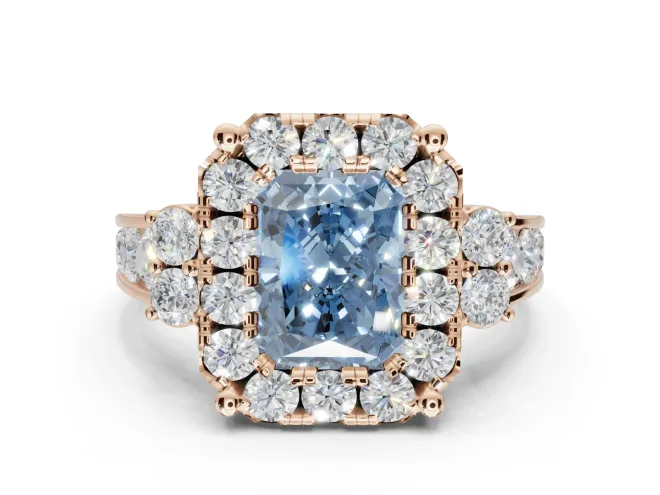 Radiant Cut Halo Engagement Ring Setting for a Fancy Blue Lab-Grown Diamond | Graduated Channel Band | Rose Gold