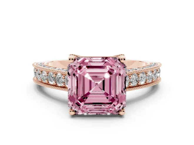 Asscher Cut Hidden Halo Engagement Ring Setting for a Fancy Pink Lab-Grown Diamond | Milgrain Pavé | Rose Gold