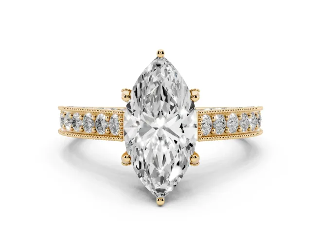 Marquise Cut Diamond Solitaire Ring Set in Yellow gold with Milgrain-Edged Pavé Band and Prong Setting