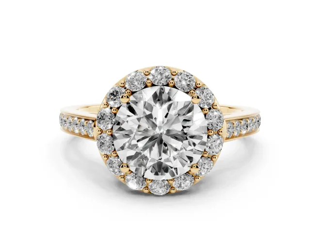 Round Cut Diamond Floral Halo Ring Set in Yellow gold with Pavé Band and Prong Setting