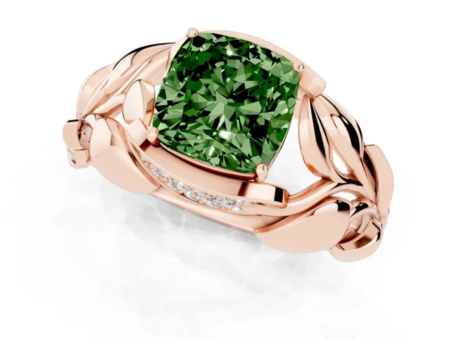 Fancy Green Cushion Cut Diamond Leaf-Inspired Engagement Ring Set in Rose gold with Round Accents – second view
