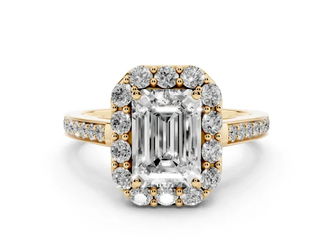 Emerald Cut Floral Halo Engagement Ring Setting | Large Round Accents | Yellow Gold