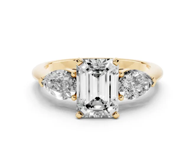 Emerald Cut Three-Stone Engagement Ring Setting | Pear Side Stones | Yellow Gold