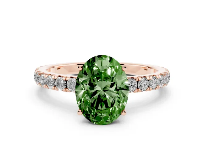 Fancy Green Oval Cut Diamond Pavé Solitaire Engagement Ring Set in Rose gold with Prong Setting