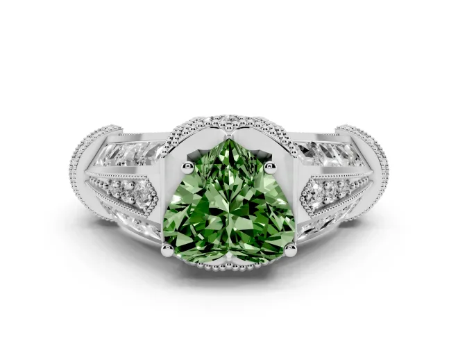 Fancy Green Heart Cut Diamond Vintage-Inspired Milgrain Ring Set in Silver with Accent Split Shank