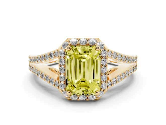 Emerald Cut Halo Engagement Ring Setting for a Fancy Yellow Lab-Grown Diamond | V-Split Pavé Band | Yellow Gold