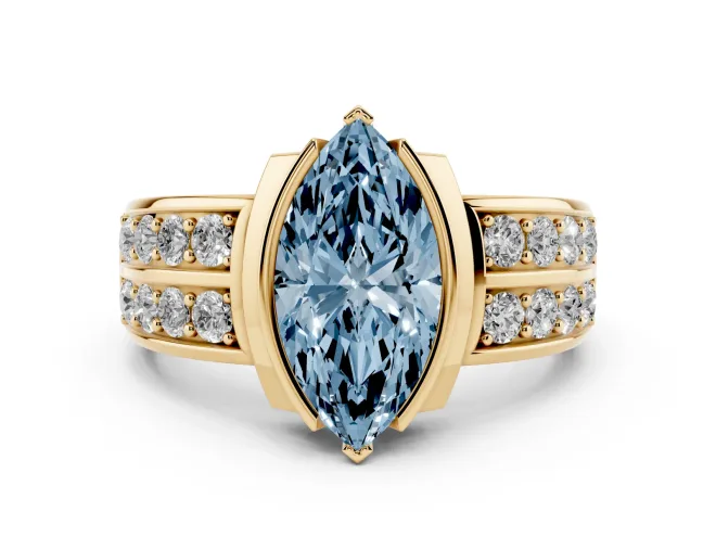 Marquise Half Bezel Engagement Ring Setting for a Fancy Blue Lab-Grown Diamond | Double Row Channel Band | Yellow Gold