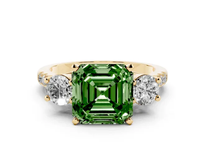 Asscher Cut Three-Stone Engagement Ring Setting for a Fancy Green Lab-Grown Diamond | Yellow Gold