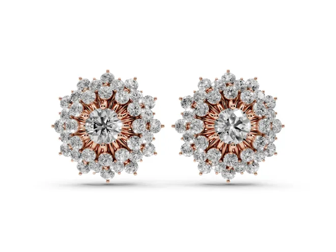 Round Lab-Grown Diamond Sunburst Cluster Stud Earrings | Star Outline | Rose Gold