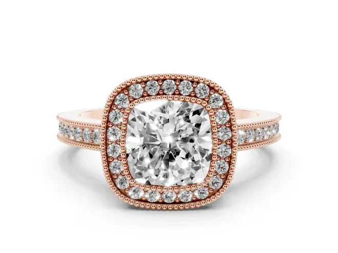 Cushion Cut Vintage Milgrain Halo Engagement Ring Setting | Filigree Gallery | Rose Gold