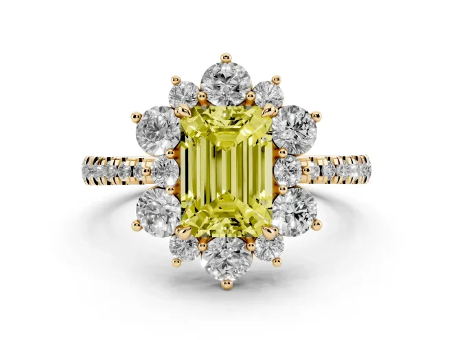 Emerald Cut Star Floral Halo Engagement Ring Setting for a Fancy Yellow Lab-Grown Diamond | Yellow Gold