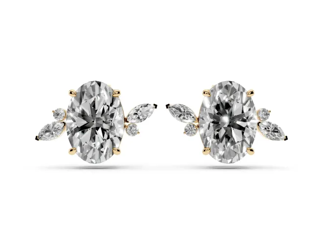 Oval Lab-Grown Diamond Nature Stud Earrings | Marquise Leaves | Yellow Gold