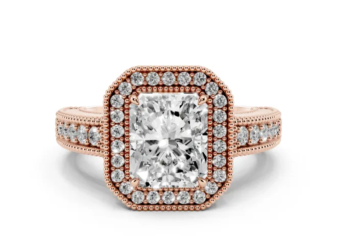 Radiant Cut Diamond Halo Ring Set in Rose gold with Round Accent Halo, Pavé Band and Prong Setting